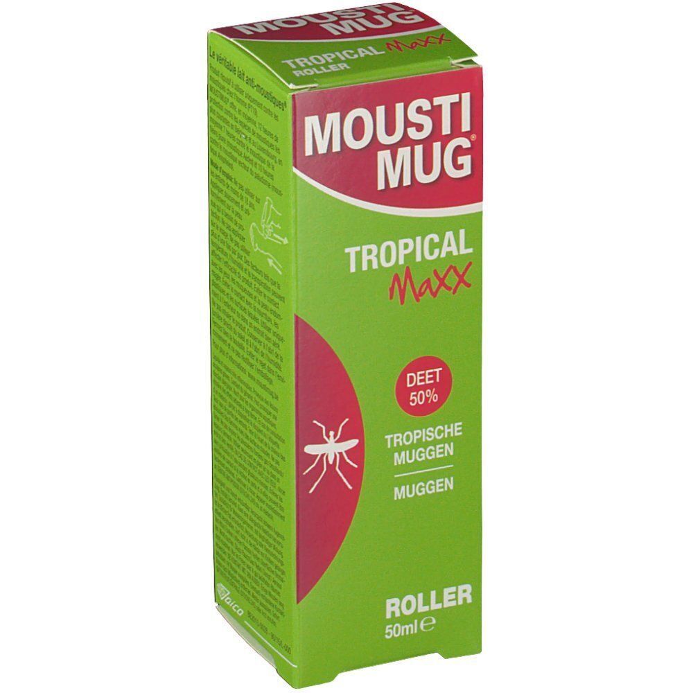 Un paquet Mousti Mug Tropical Maxx Roller avec 50% DEET, vue latérale.