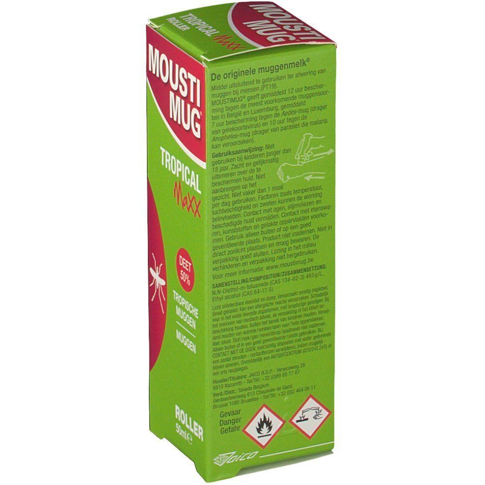Arrière d'un paquet Mousti Mug Tropical Maxx Roller avec avertissements et ingrédients.