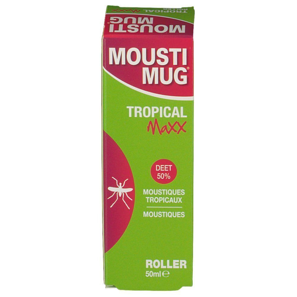 Un paquet Mousti Mug Tropical Maxx Roller avec 50% DEET, vue de face.