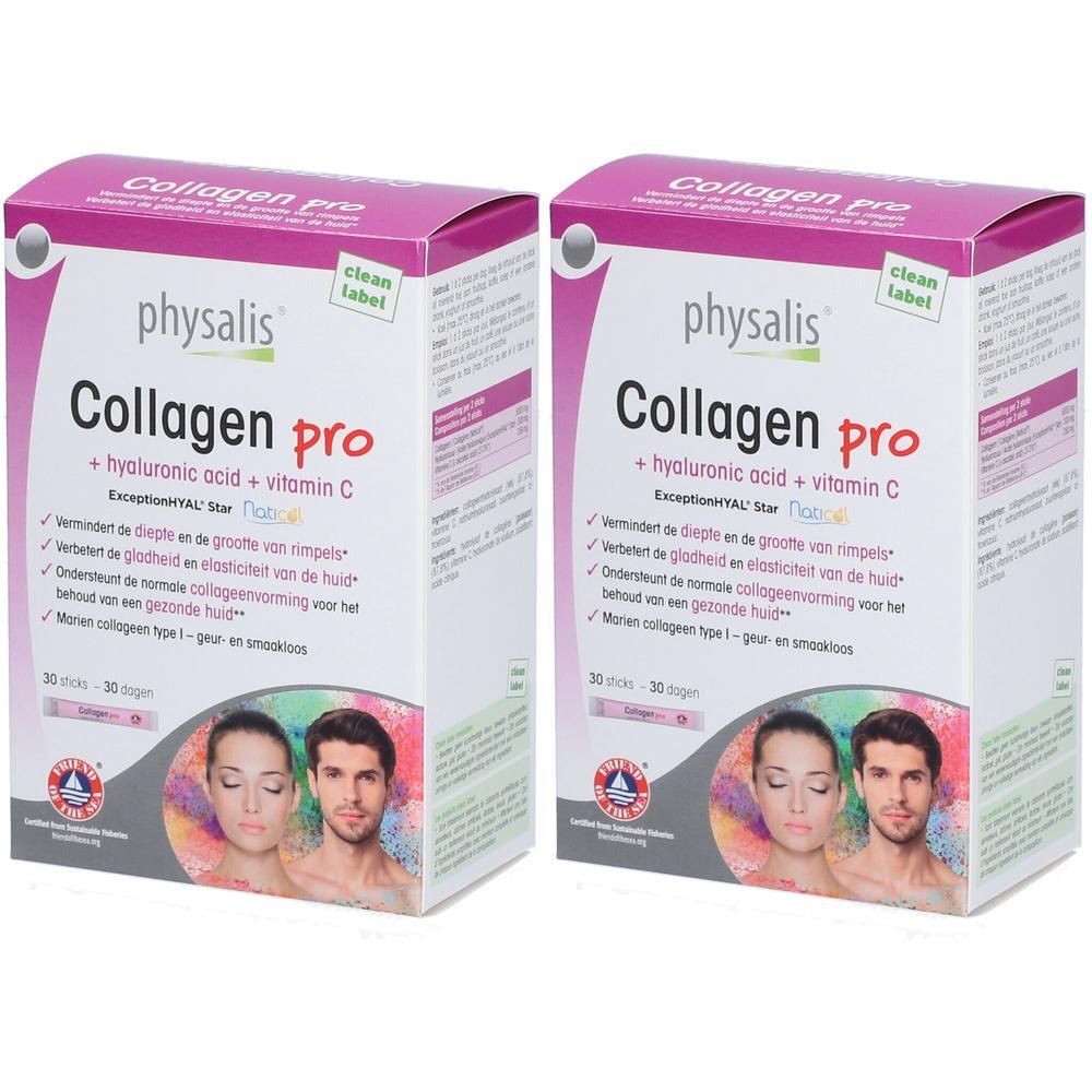 Deux paquets de Physalis Collagen Pro avec acide hyaluronique et vitamine C. Contient 30 sticks.