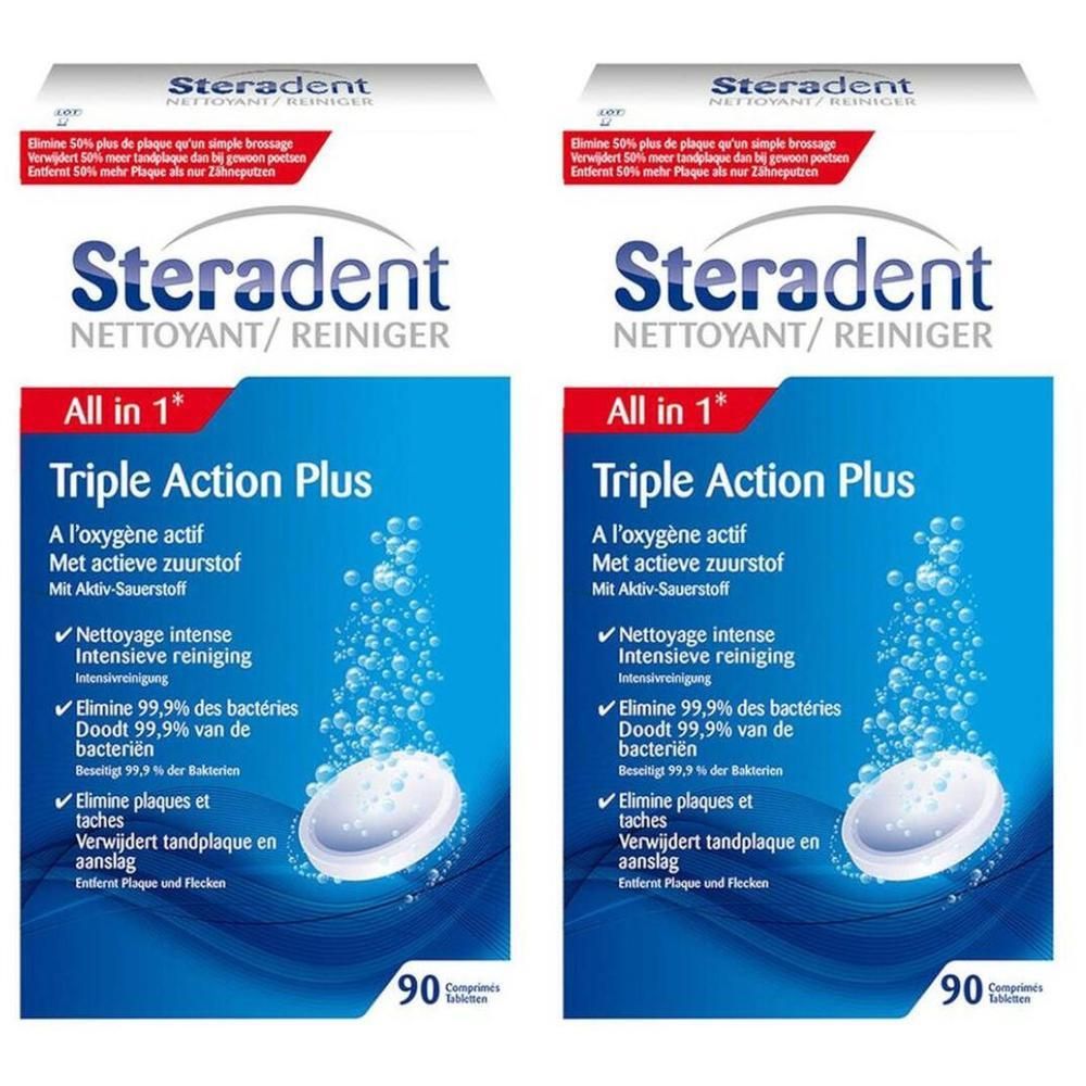 Deux paquets de Steradent All in 1 Triple Action Plus comprimés nettoyants pour prothèses, 90 comprimés par paquet.