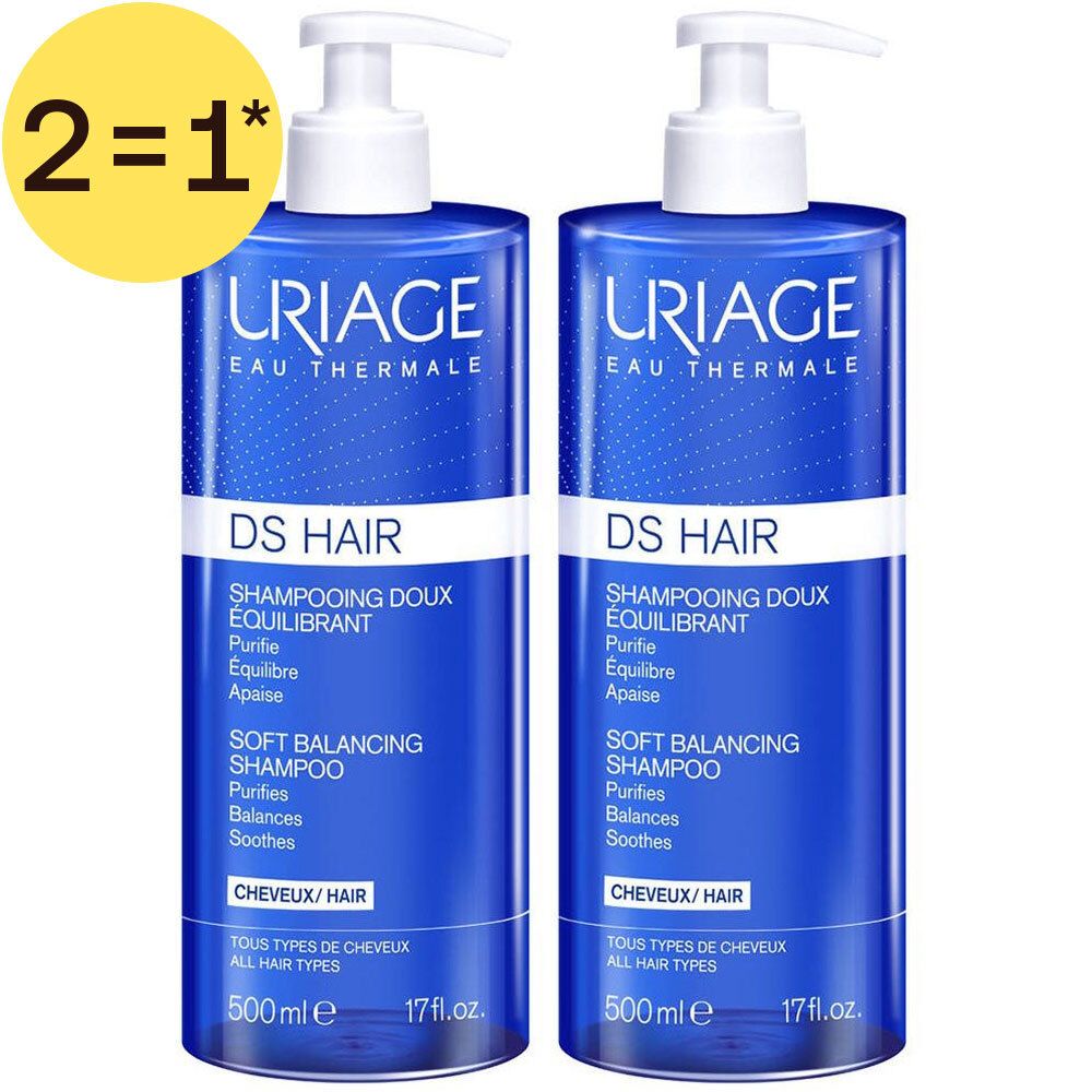 Deux flacons bleus Uriage DS Hair Shampooing Doux Équilibrant avec pompe, 500ml chacun.