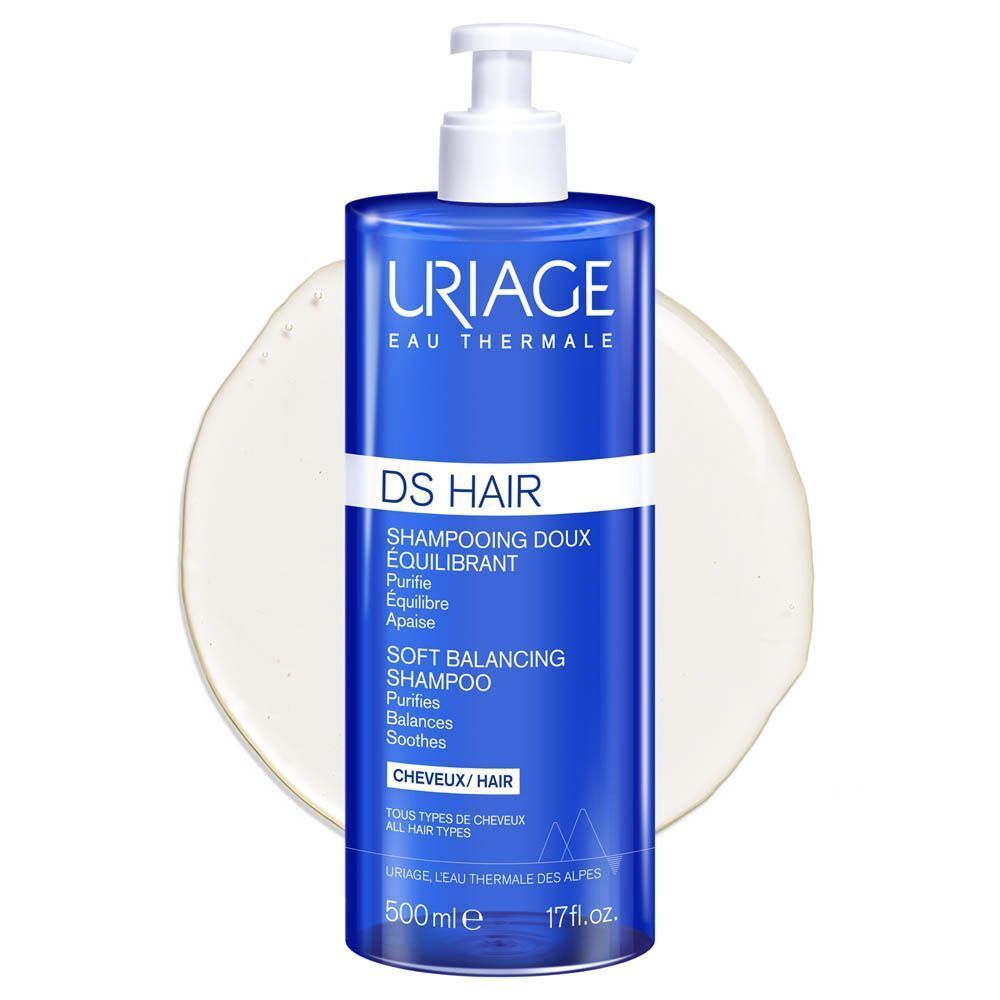 Deux flacons bleus Uriage DS Hair Shampooing Doux Équilibrant avec pompe, 500ml. Cercle jaune avec '2=1*'.
