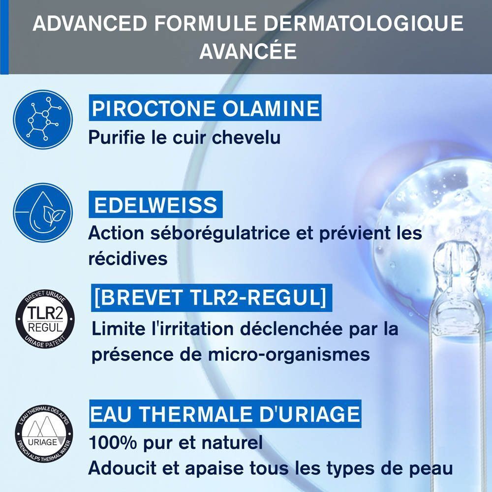 Un flacon bleu Uriage DS Hair Shampooing Doux Équilibrant avec pompe, 500ml, en mouvement. Texte: 'Purifie & apaise en profondeur', 'Cheveux plus doux, plus brillants & plus soyeux'.