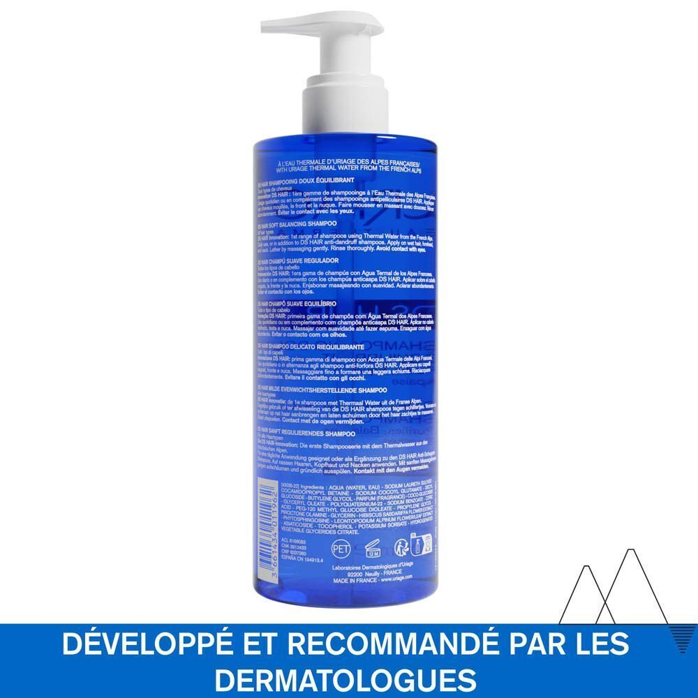 Graphique avec icônes et textes sur les avantages de Uriage DS Hair Shampooing Doux Équilibrant: 'Développé et recommandé par les dermatologues', 'Adapté pour tous les types de cheveux', 'Ne pique pas les yeux', 'Haute tolérance', 'Sans savon'.