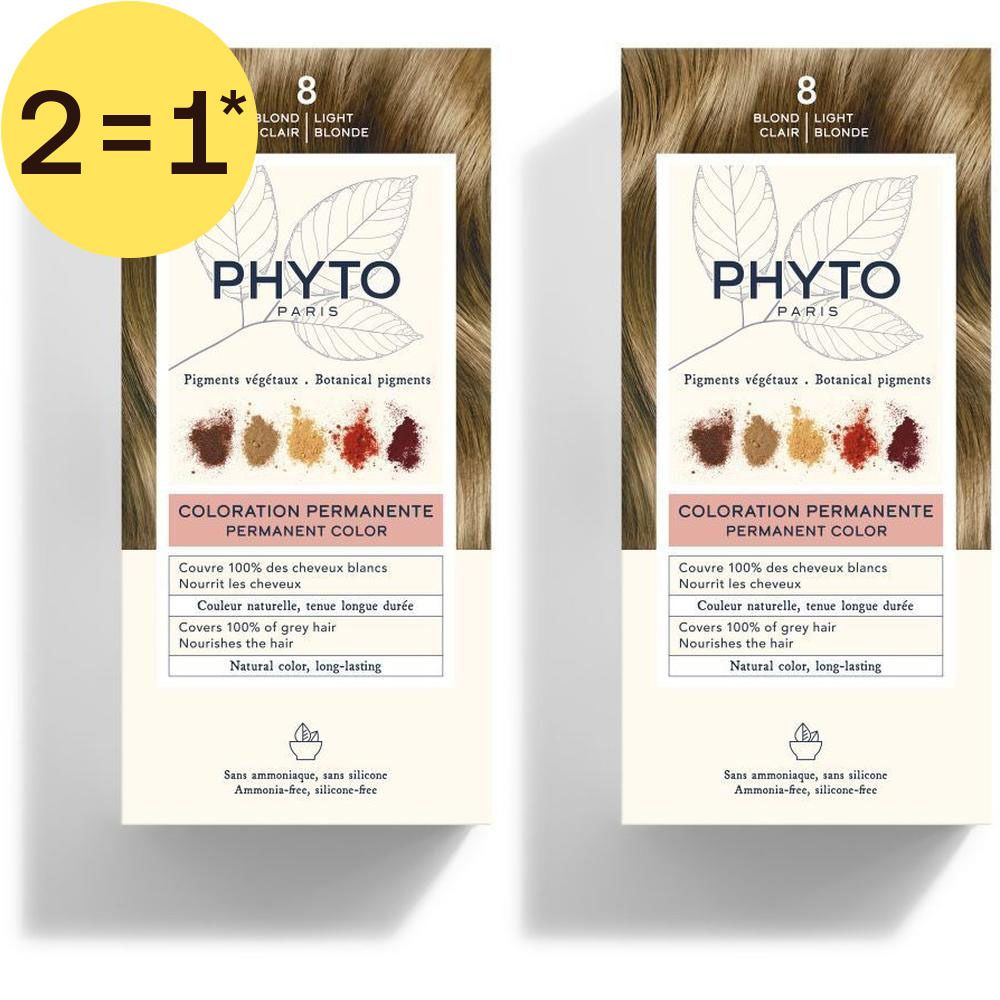Deux boîtes de Phyto Phytocolor 8 Blond Clair coloration permanente. Autocollant "2=1". Contient des pigments végétaux.