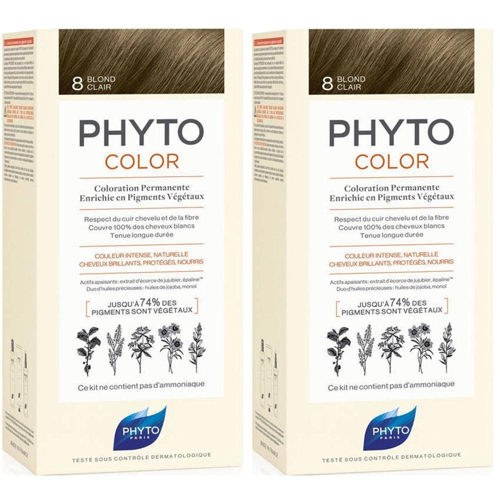 Deux boîtes de Phyto Phytocolor 8 Blond Clair coloration permanente. Contient des pigments végétaux.