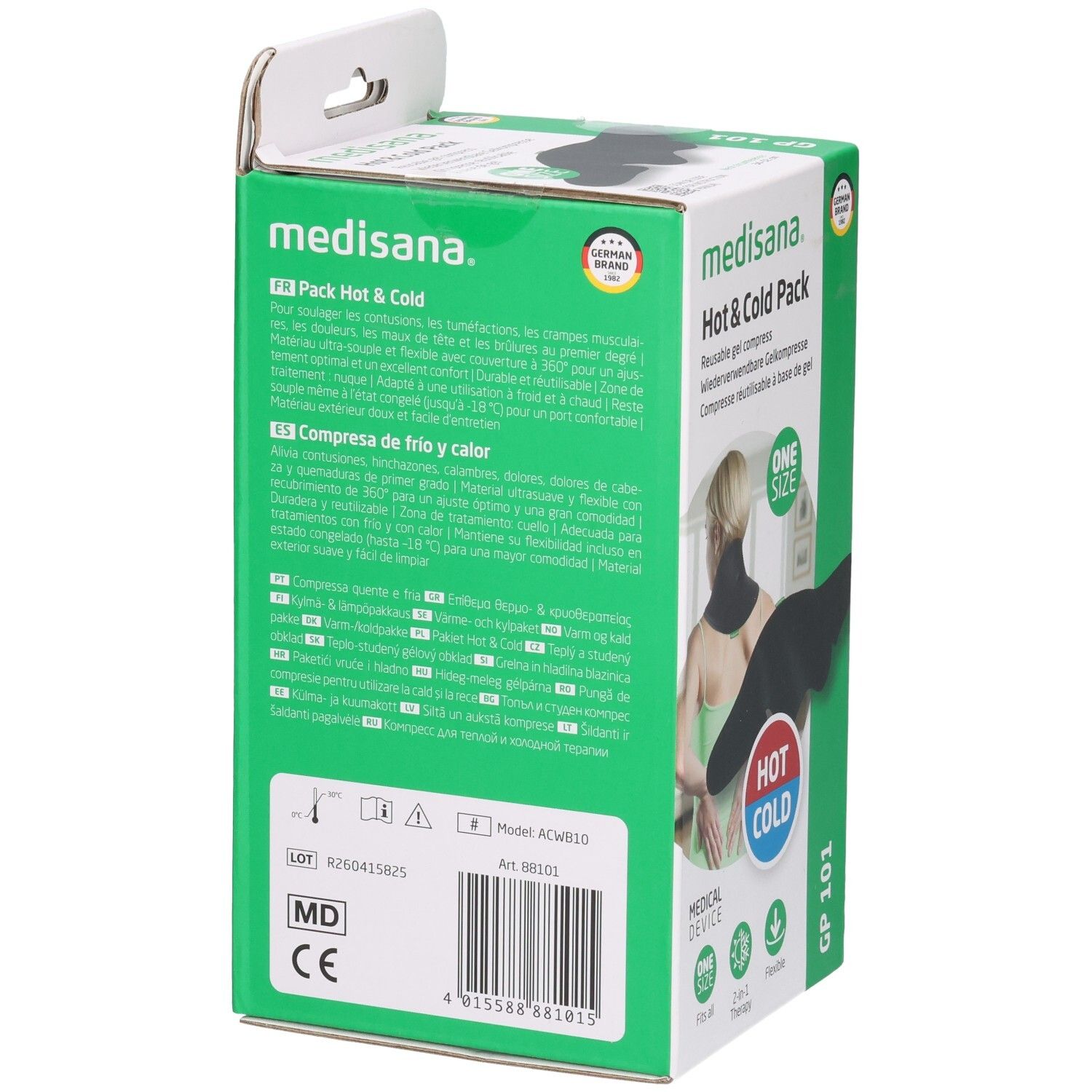 Dos du Medisana Hot & Cold Pack coussin de nuque avec instructions d'utilisation et informations produit.