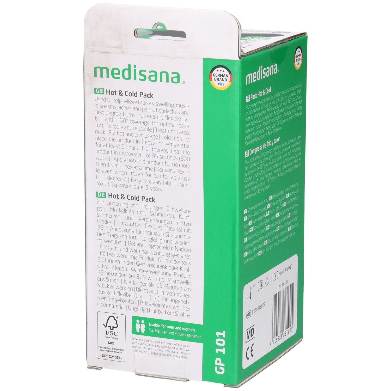 Côté du Medisana Hot & Cold Pack coussin de nuque avec instructions d'utilisation détaillées en plusieurs langues.