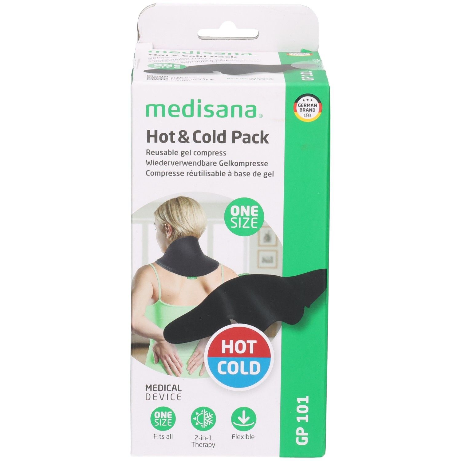 Face avant Medisana Hot & Cold Pack coussin de nuque, montre l'application sur la nuque et le dos.