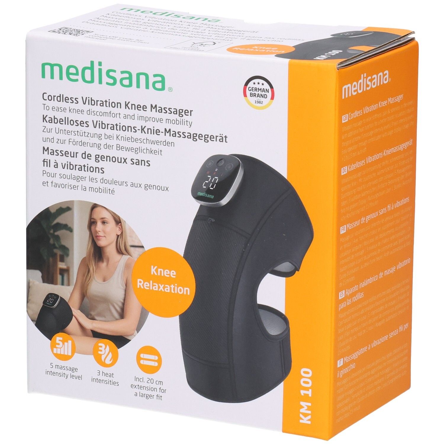 Dispositif de massage du genou Medisana KM 100 avec écran numérique et 5 niveaux d'intensité.