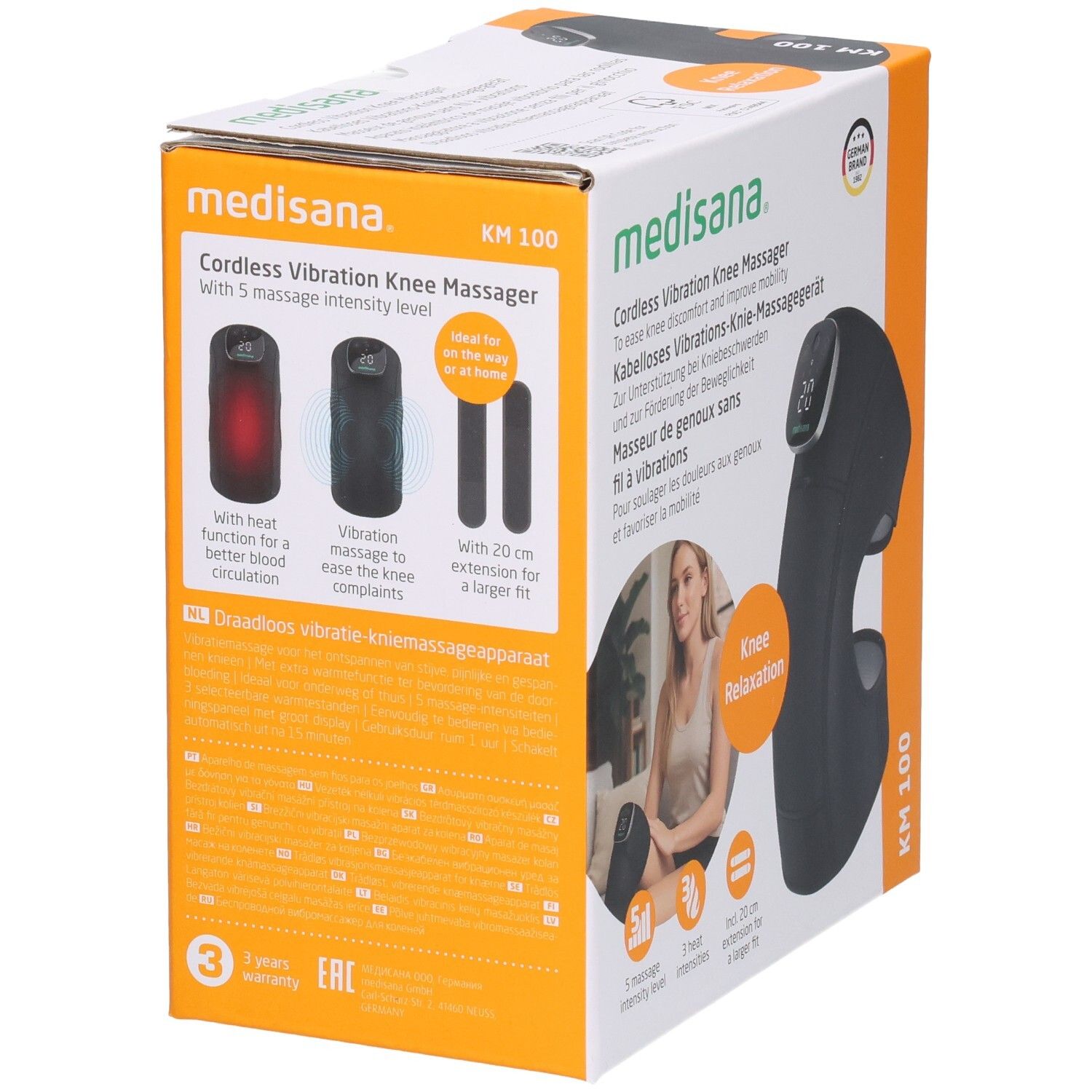 Massage genou Medisana KM 100 : 3 niveaux de chaleur, massage vibrant, extension de 20 cm.