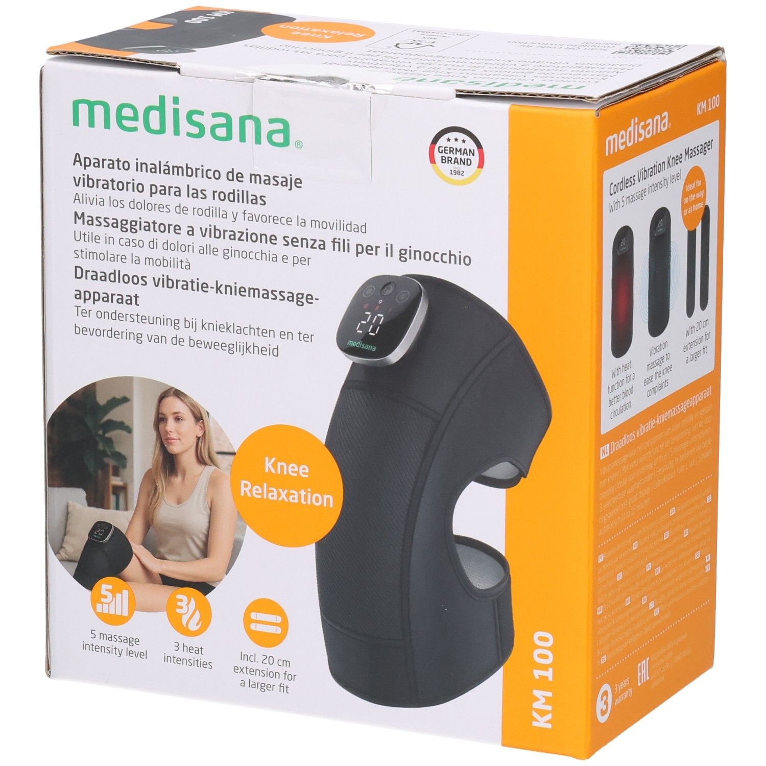 Massage genou Medisana KM 100 : Sans fil, avec écran numérique et 5 niveaux d'intensité.