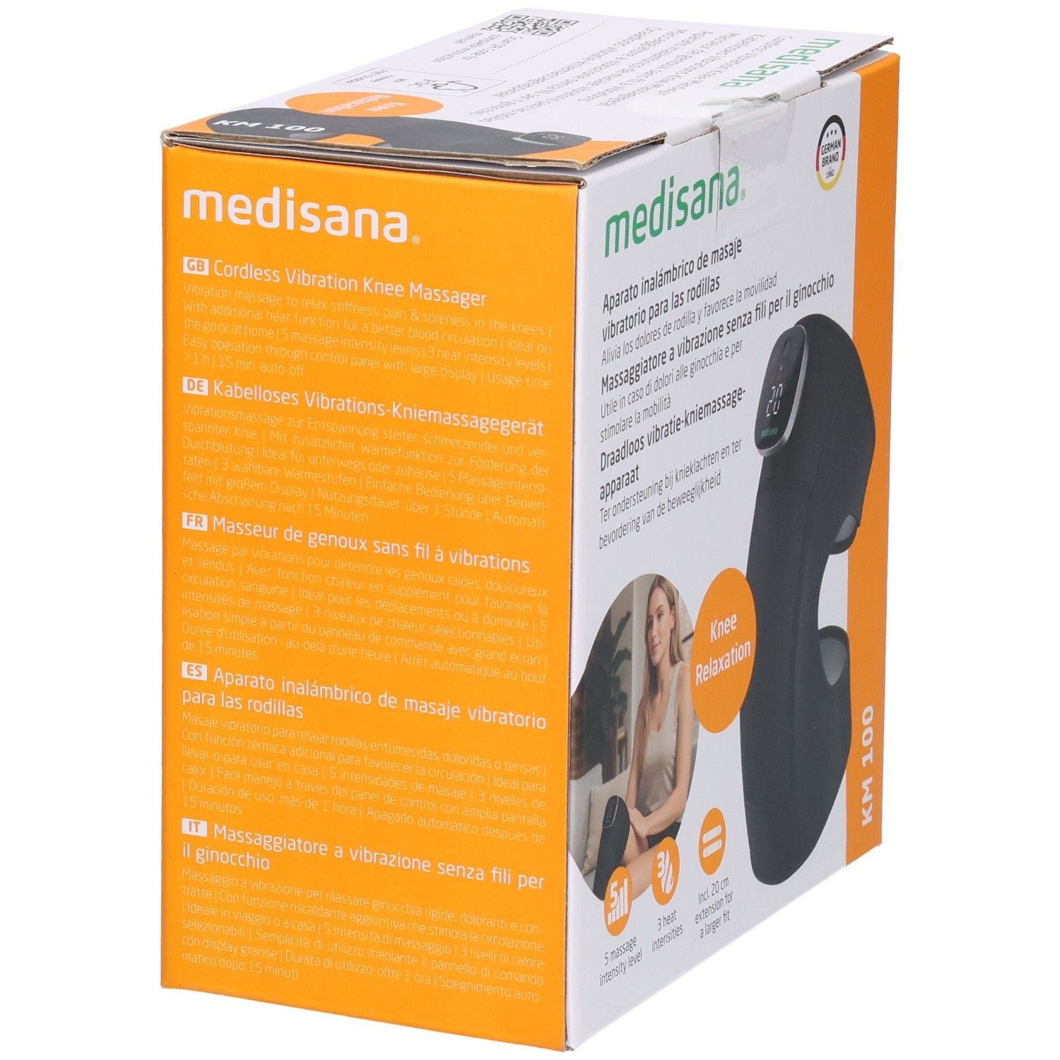 Massage genou Medisana KM 100 : 3 niveaux de chaleur, massage vibrant, extension de 20 cm.