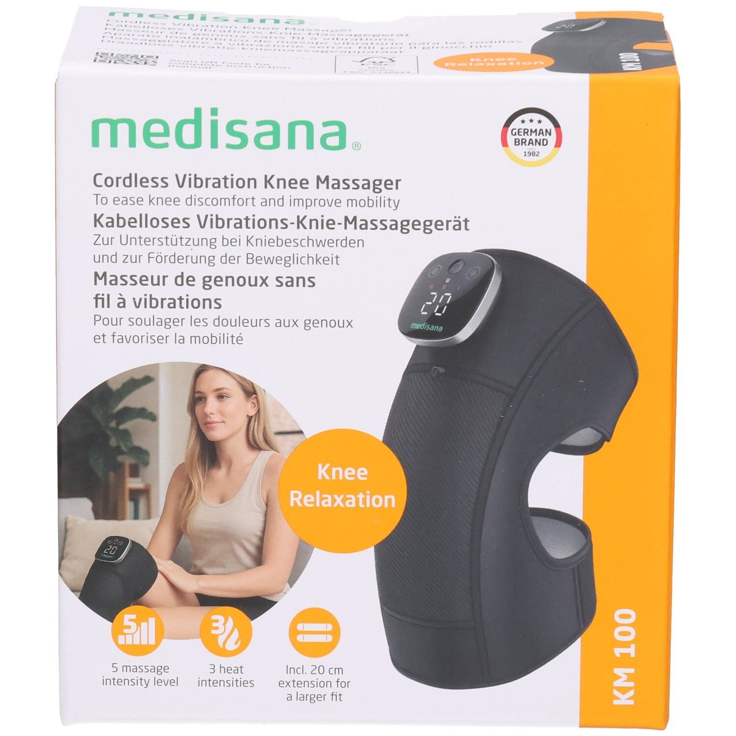 Massage genou Medisana KM 100 : Écran numérique, 5 intensités, 3 niveaux de chaleur.