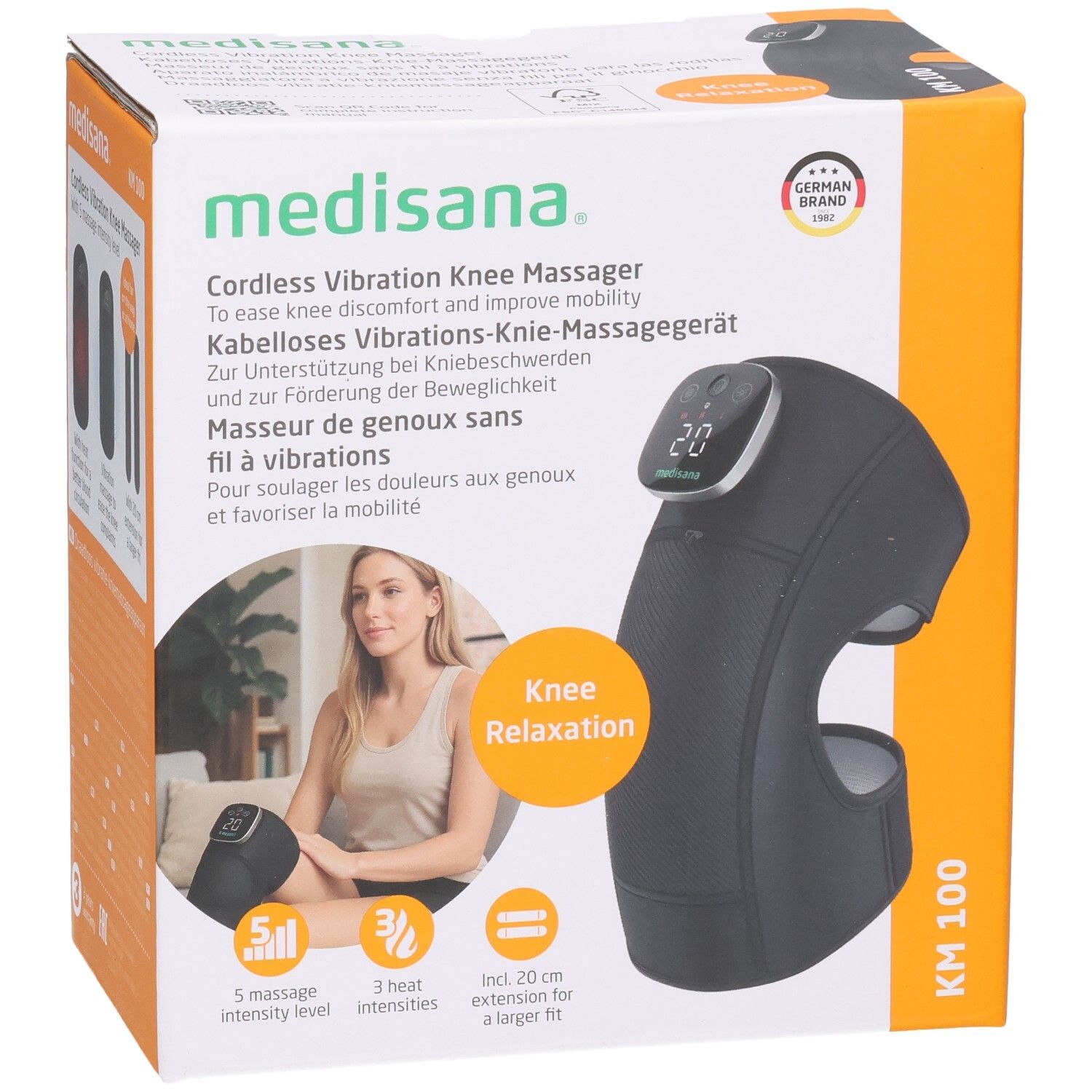 Massage genou Medisana KM 100 : Sans fil, écran numérique, 5 intensités, 3 niveaux de chaleur.