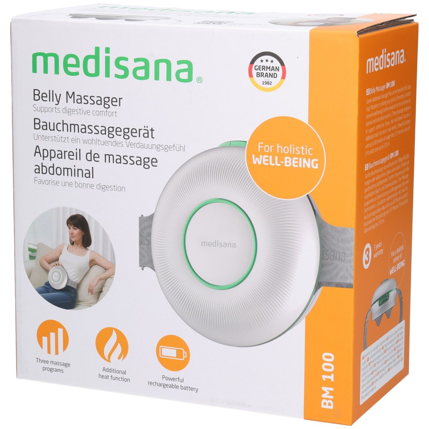 Medisana BM 100 appareil de massage abdominal blanc avec accents verts, sur l'emballage.