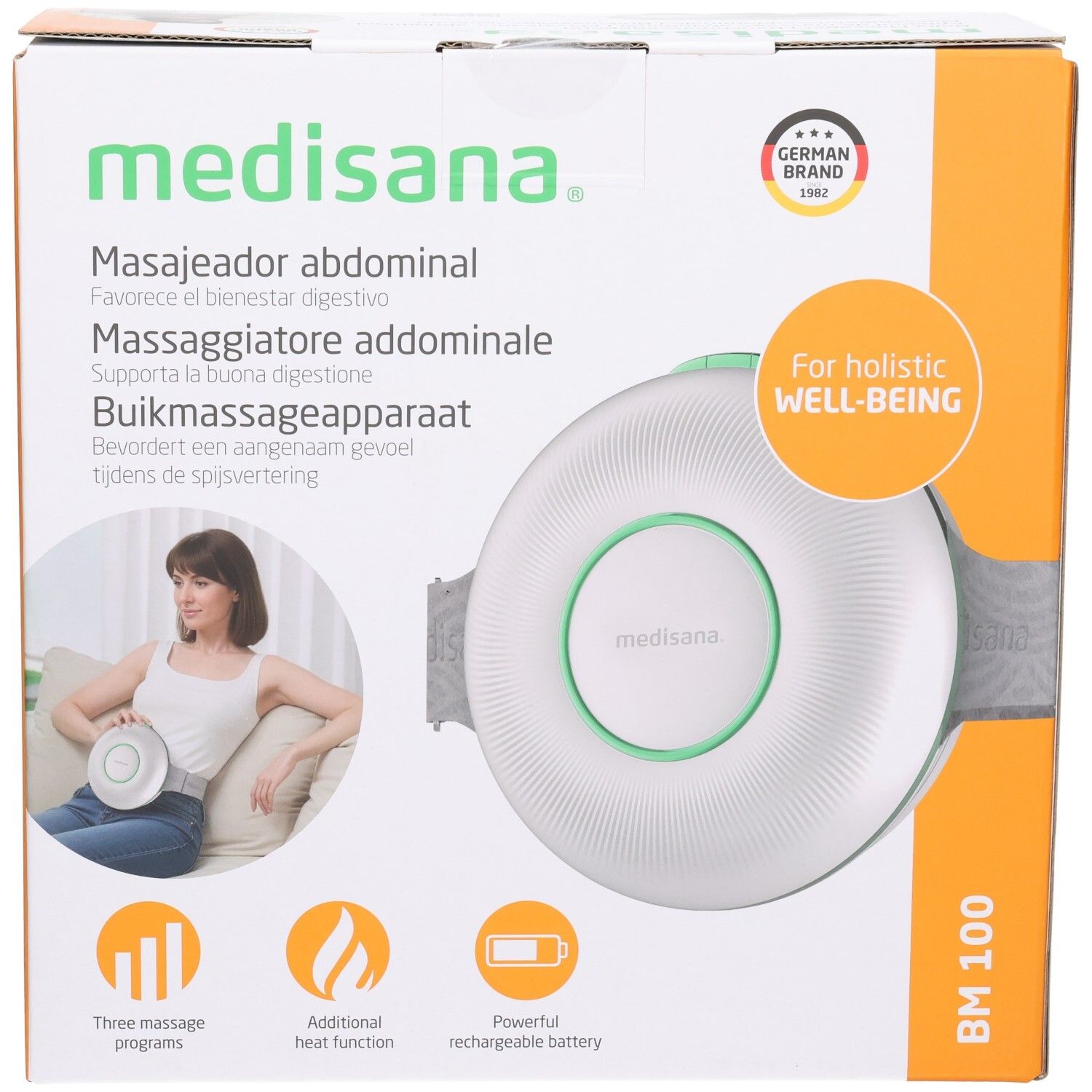 Medisana BM 100 appareil de massage abdominal blanc avec accents verts, sur l'emballage.