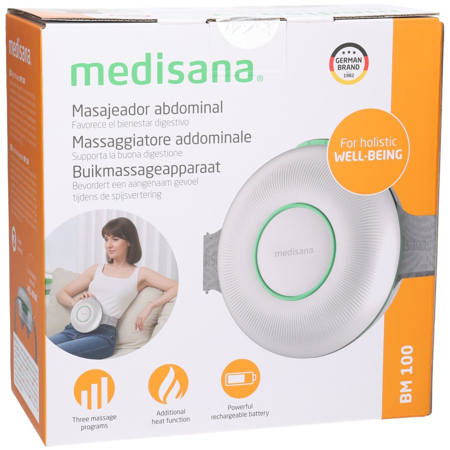 Medisana BM 100 appareil de massage abdominal blanc avec accents verts, sur l'emballage.
