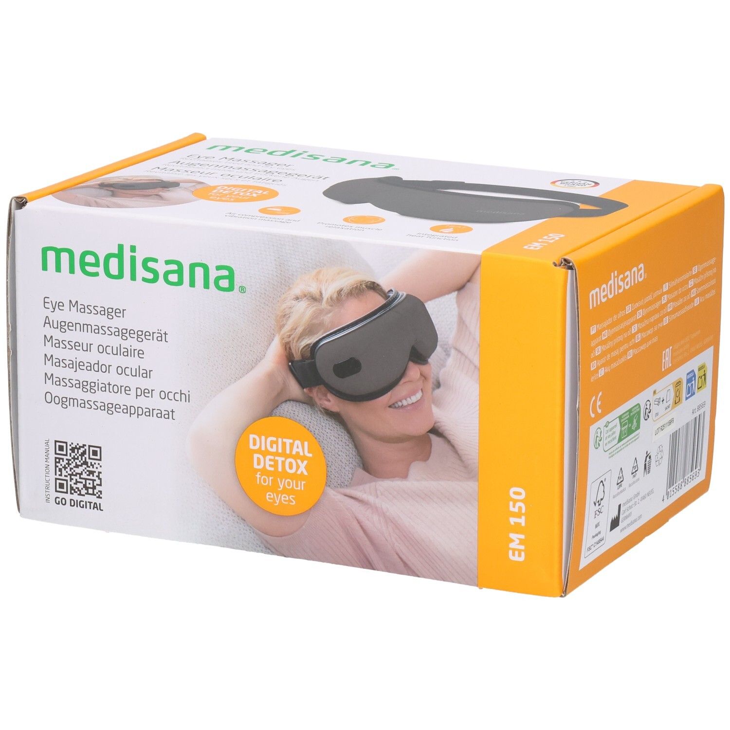 Emballage du masseur oculaire Medisana EM 150 avec une femme portant l'appareil.