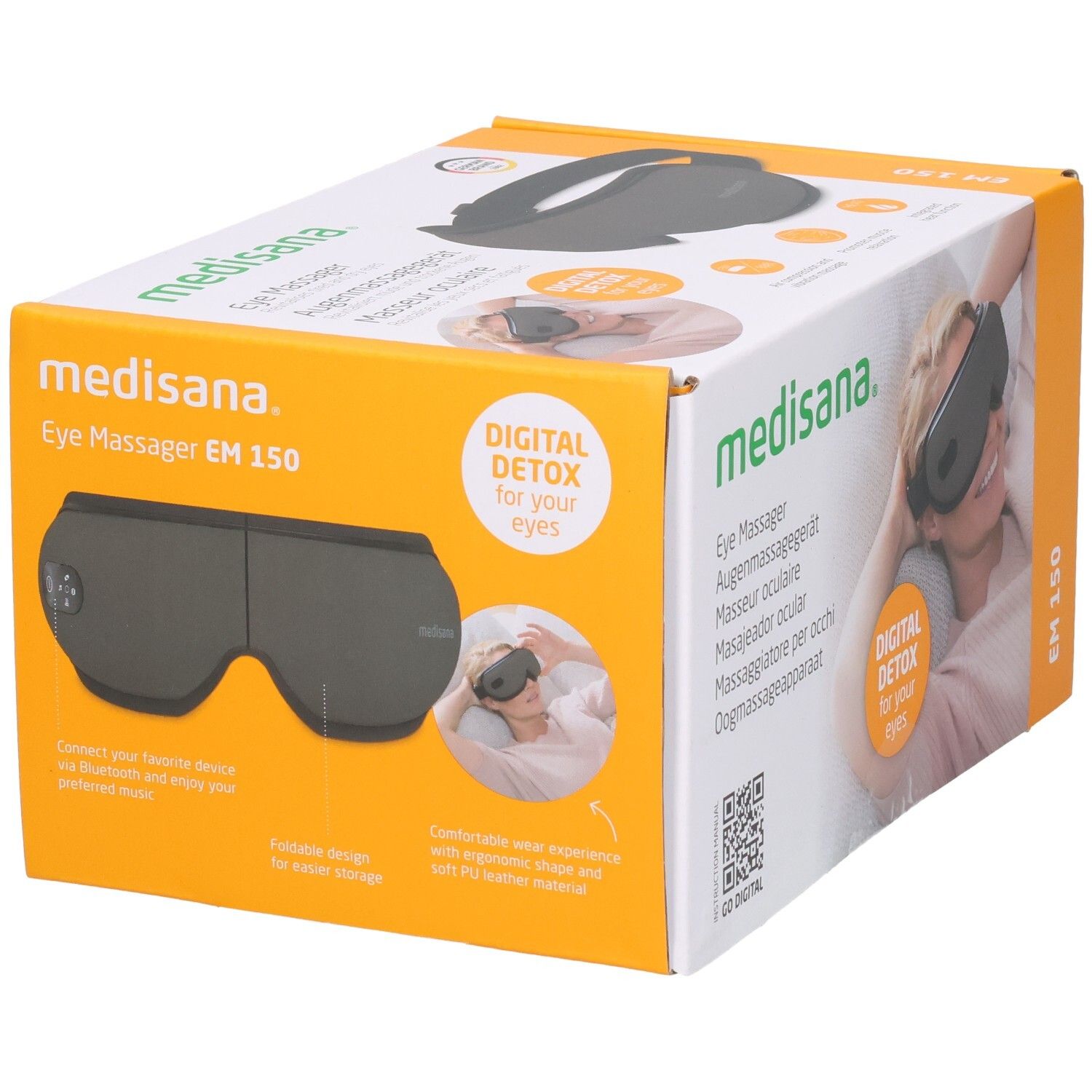 Masseur oculaire Medisana EM 150 sur l'emballage, avec caractéristiques du produit et description d'utilisation.