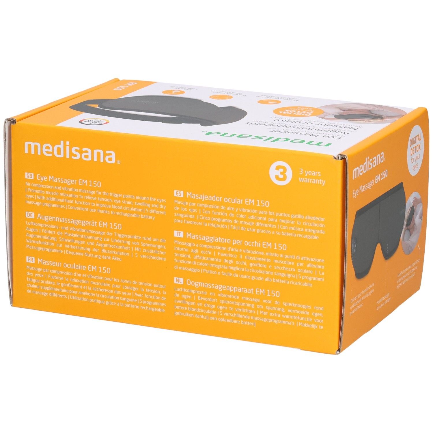 Arrière de l'emballage du masseur oculaire Medisana EM 150 avec informations produit multilingues et sceaux.
