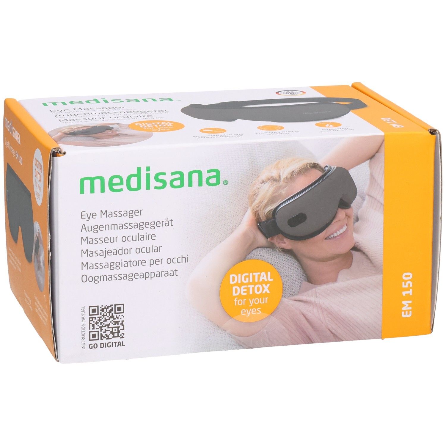 Masseur oculaire Medisana EM 150 sur l'emballage, avec caractéristiques du produit et description d'utilisation.