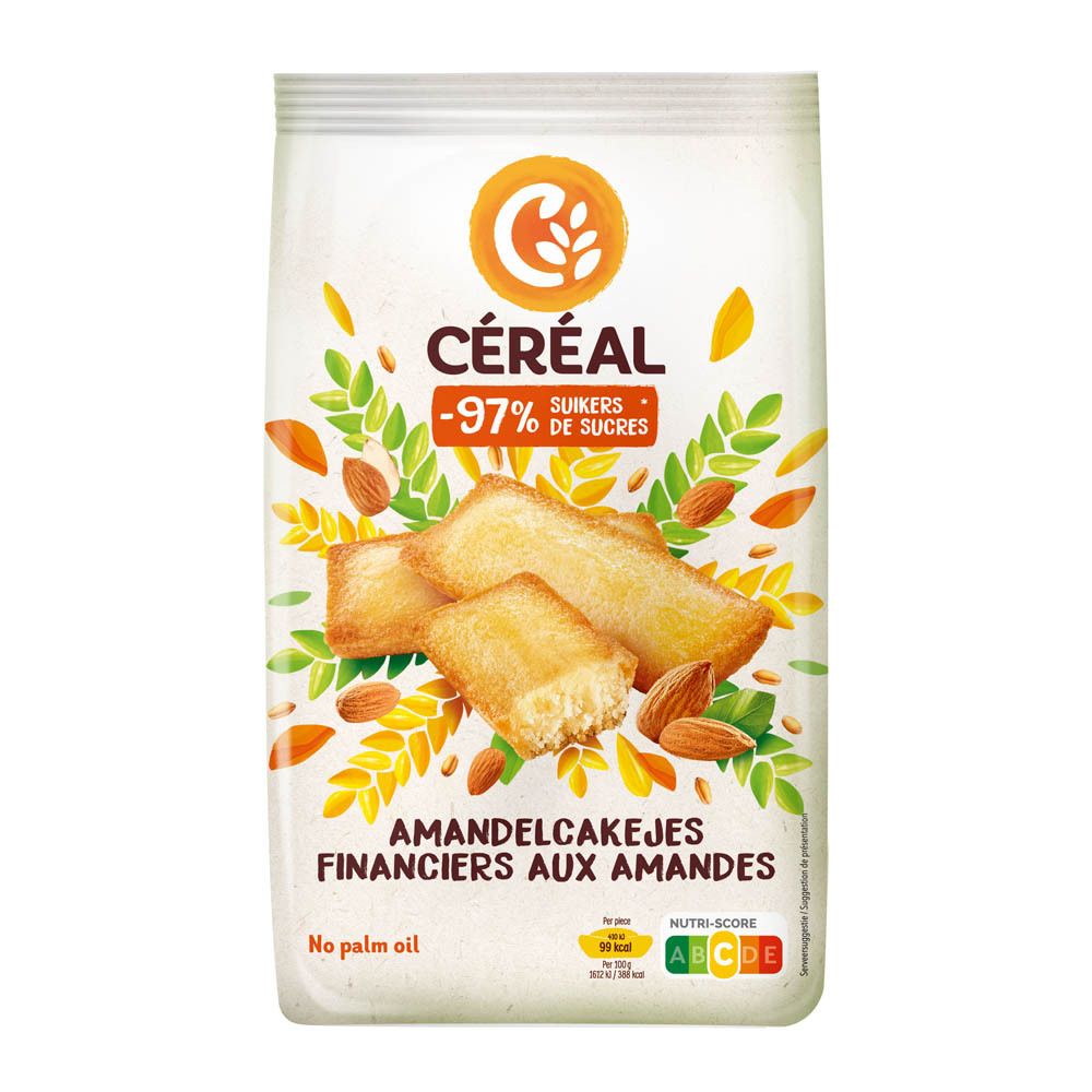 Emballage Céréal avec Financiers aux Amandes, 97% de sucres en moins, sans huile de palme.