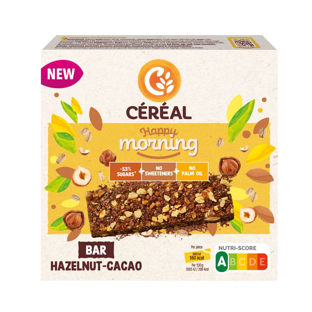 Barre Céréal Happy Morning, noisette-cacao. Avec informations nutritionnelles et Nutri-Score.