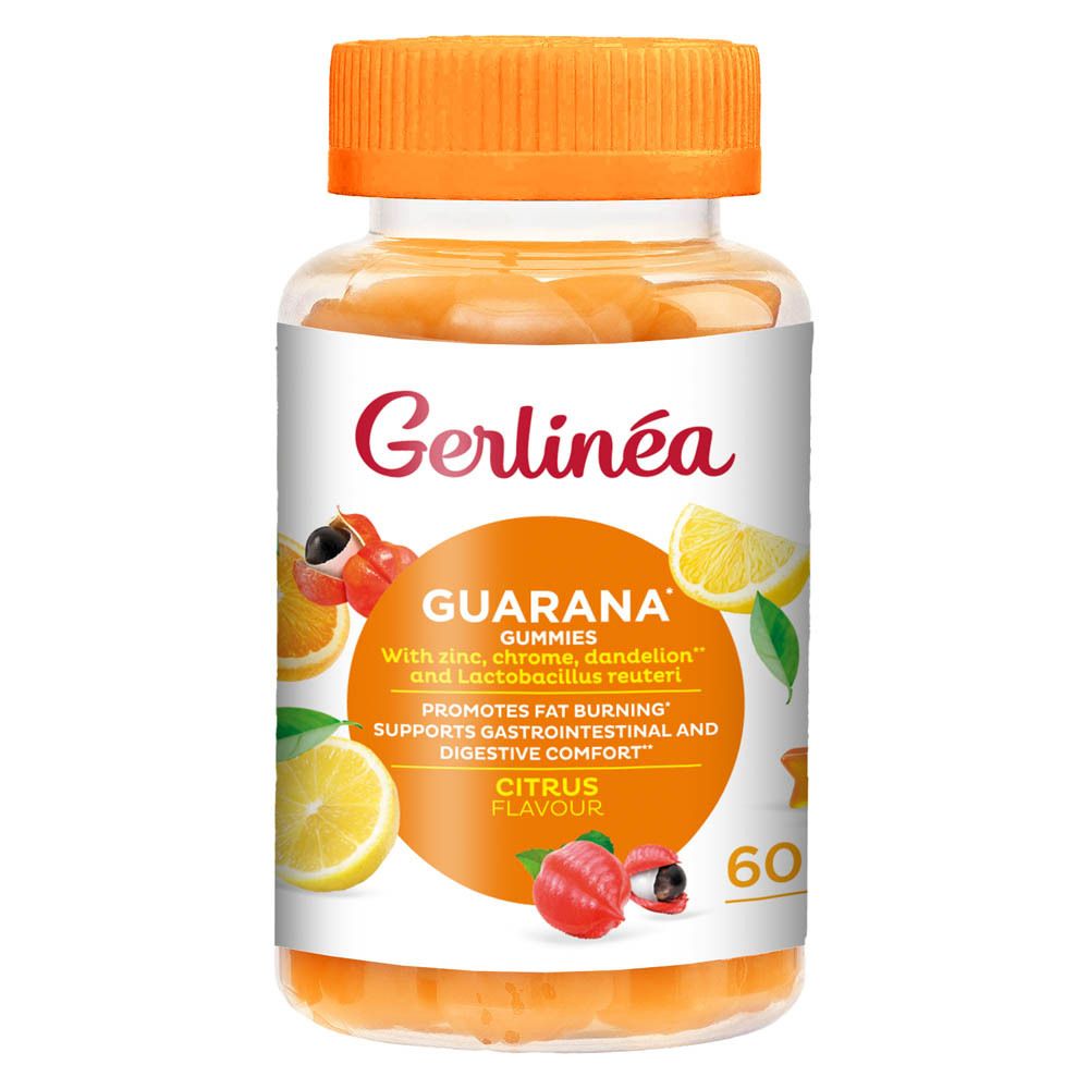 Gommes Gerlinéa Guarana: Vue avant avec agrumes et symboles de guarana.