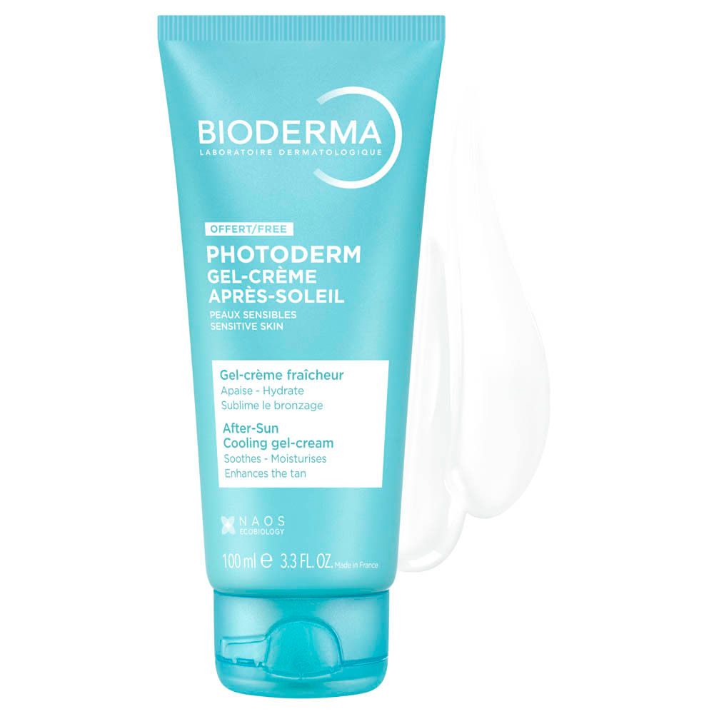 Tube turquoise avec gel blanc. Inscription: Bioderma, Photoderm Après-Soleil, Peaux Sensibles. Offert.