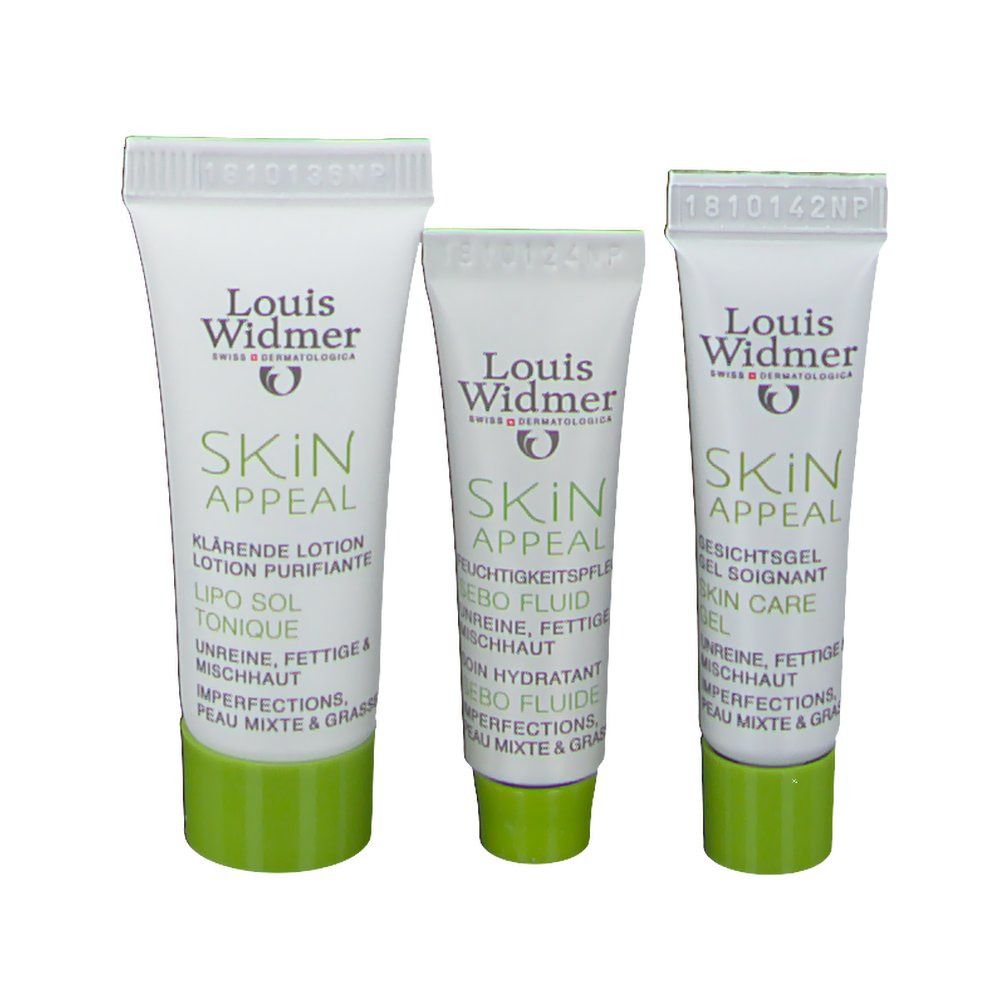 Trois tubes Louis Widmer Skin Appeal. Blanc, vert et texte. Lotion purifiante, fluide sébo, gel visage. Pour peaux mixtes et grasses.