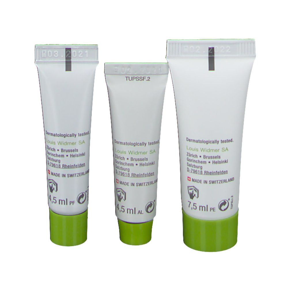 Trois tubes Louis Widmer Skin Appeal. Blanc, vert. Texte: Testé dermatologiquement. 4,5 ml et 7,5 ml. Fabriqué en Suisse.