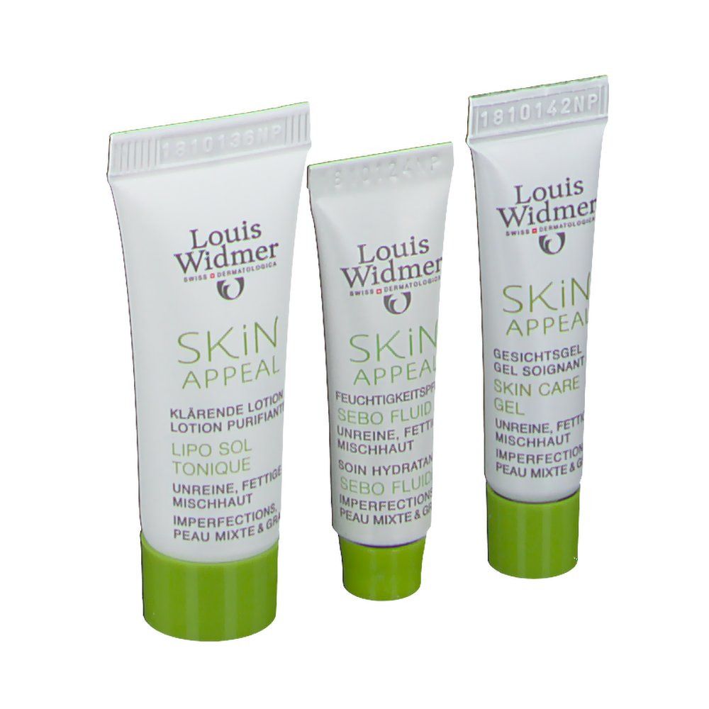 Trois tubes Louis Widmer Skin Appeal. Blanc, vert. Texte: Lotion purifiante, fluide sébo, gel visage. Pour peaux mixtes et grasses.