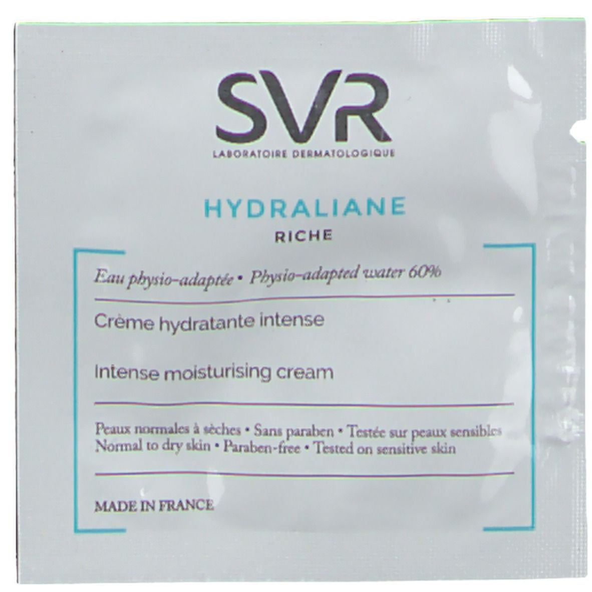 Sachet échantillon SVR. Contient de la crème. Inscription: HYDRALIANE RICHE, Crème hydratante intense, Peaux normales à sèches, sans paraben, testé sur peaux sensibles.
