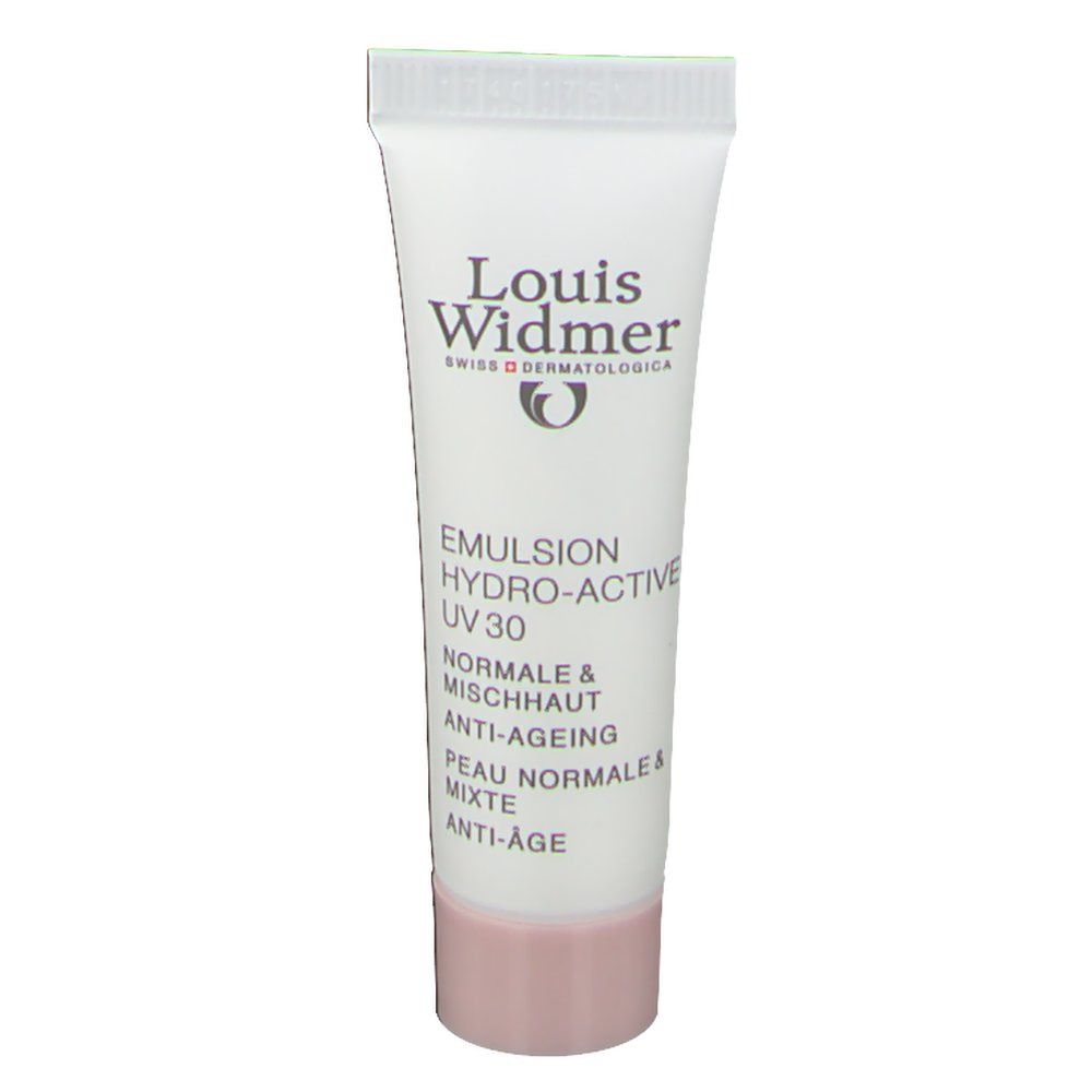 Tube de Louis Widmer Emulsion Hydro-Active UV30 pour peaux normales et mixtes. Tube blanc, bouchon rose.