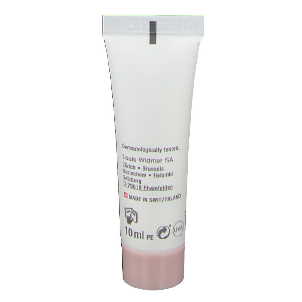 Dos du tube Louis Widmer Emulsion Hydro-Active UV30. Blanc, bouchon rose. Texte et logos.
