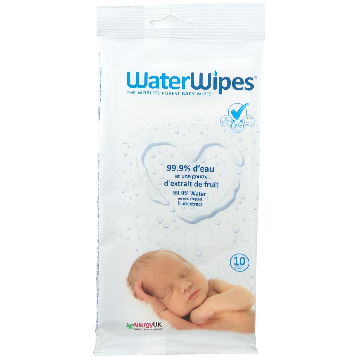 Paquet de lingettes WaterWipes. Inscription : 99,9 % d'eau et extrait de fruit. Contient 10 lingettes. Label Allergy UK.