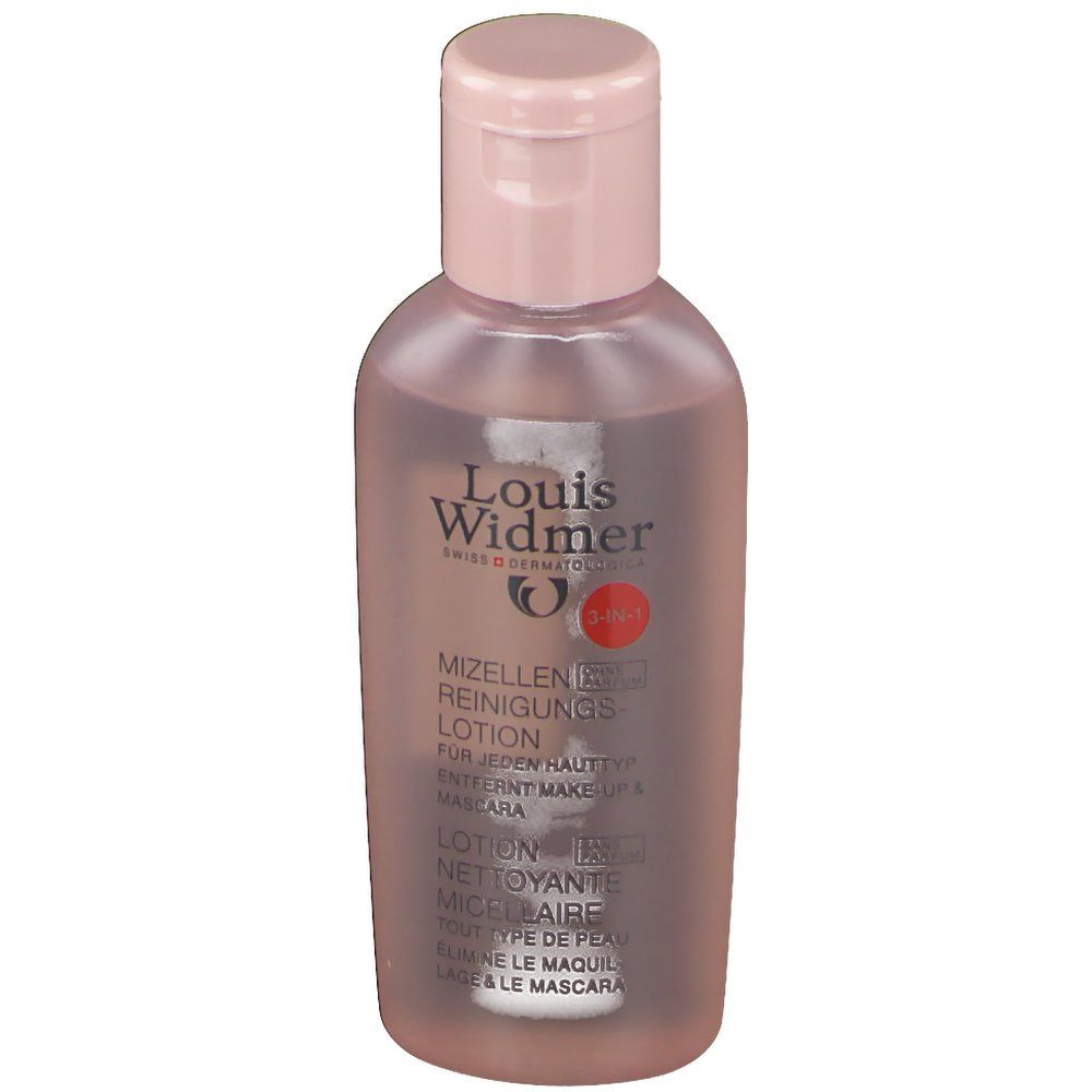 Flacon de lotion nettoyante micellaire Louis Widmer. Bouchon et flacon roses. Texte : Lotion nettoyante micellaire, pour tous types de peau, élimine le maquillage et le mascara.