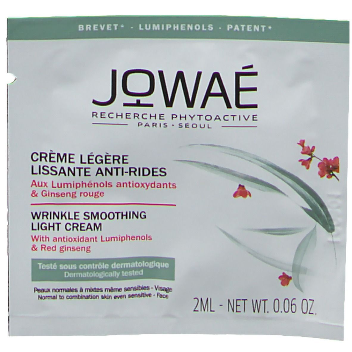 Échantillon Jowaé Crème Légère Anti-Rides. Sachet blanc avec logo et informations produit. 2 ml.