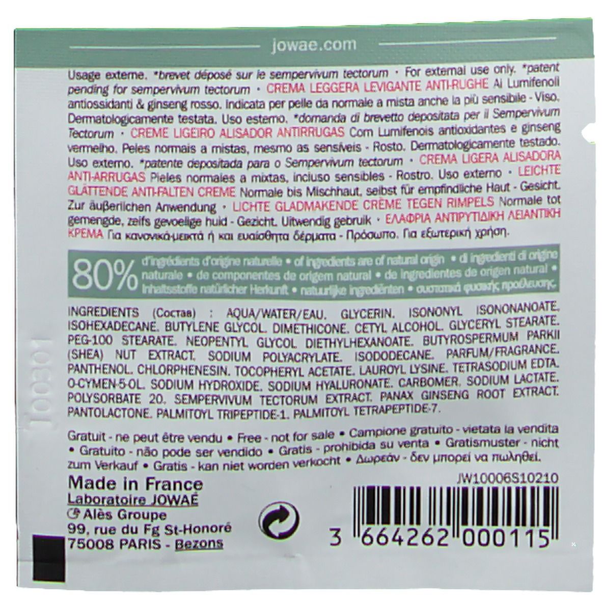 Dos du sachet échantillon Jowaé Crème Légère Anti-Rides. Texte multilingue, ingrédients, origine.