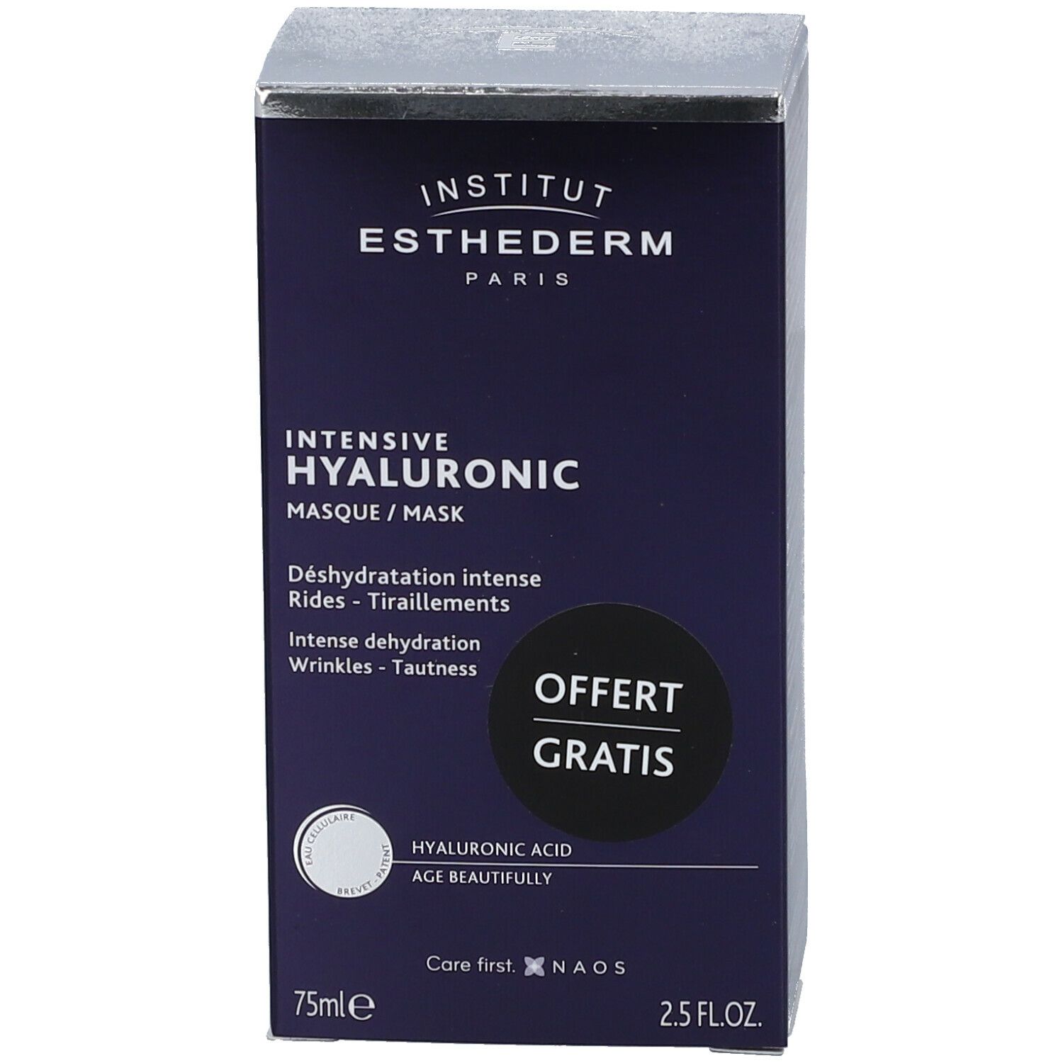 Boîte de produit bleu foncé avec texte blanc. Texte: Institut Esthederm, Intensive Hyaluronic Mask. Autocollant: Offert Gratis. 75ml.