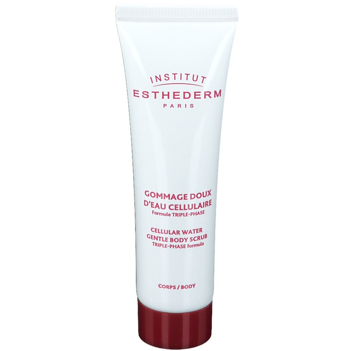 Tube blanc avec bouchon rouge. Inscription: INSTITUT ESTHEDERM PARIS, GOMMAGE DOUX D'EAU CELLULAIRE, CELLULAR WATER GENTLE BODY SCRUB.