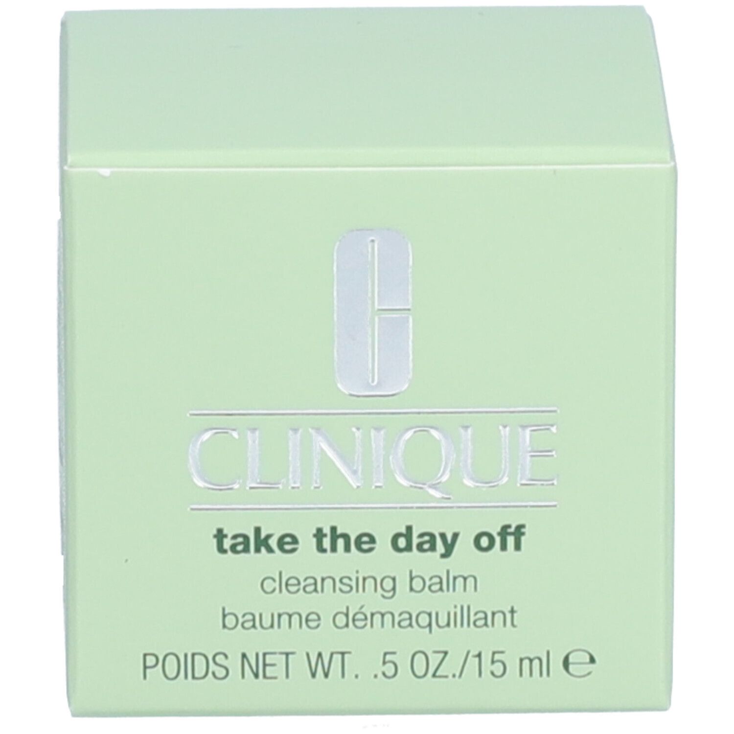 Boîte vert clair Clinique Take The Day Off. Inscription et logo argentés. Contenance : 15 ml.