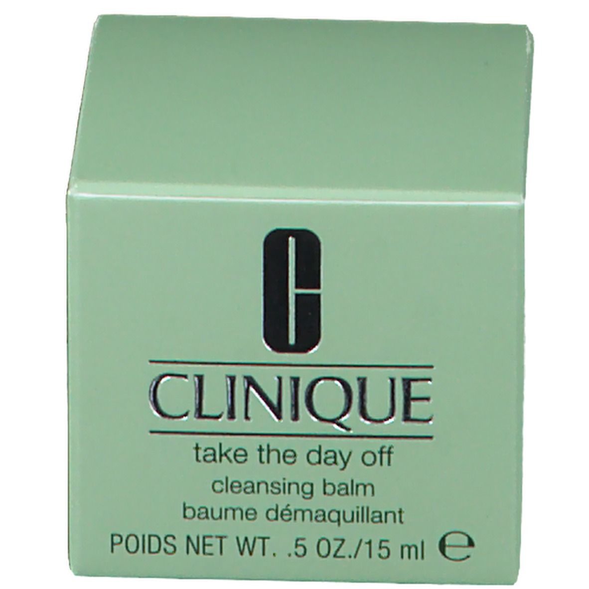 Boîte vert clair Clinique Take The Day Off. Inscription et logo argentés. Contenance : 15 ml.