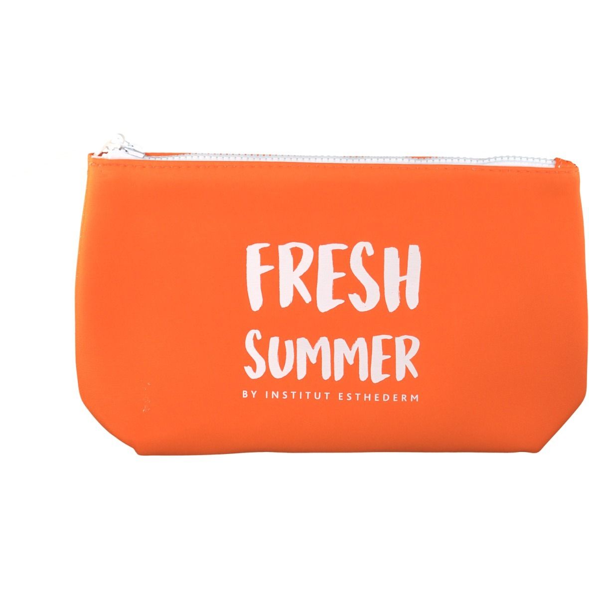 Trousse orange avec fermeture éclair blanche. Inscription : FRESH SUMMER BY INSTITUT ESTHEDERM.