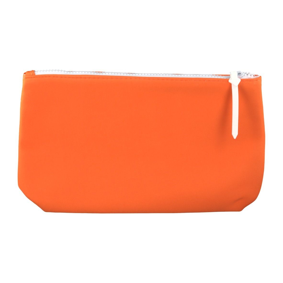 Trousse orange avec fermeture éclair blanche.