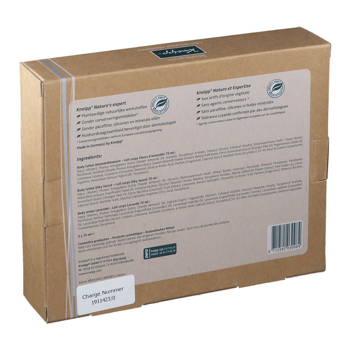 Dos du coffret cadeau avec informations sur le produit et ingrédients. Marque : Kneipp. Texte en allemand et français.