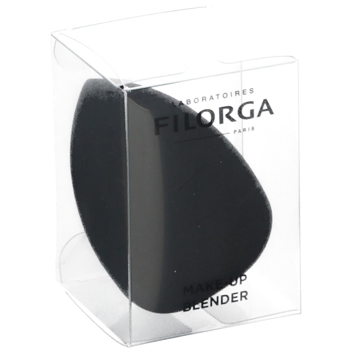Éponge de maquillage noire dans un emballage transparent. Marque FILORGA. Inscription : MAKE-UP BLENDER.