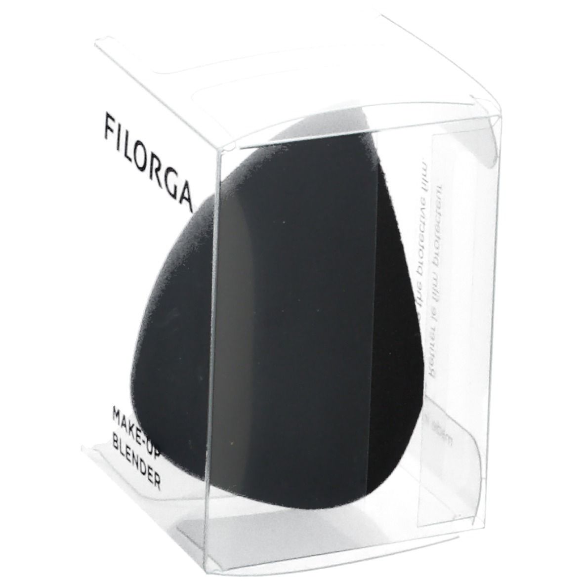 Éponge de maquillage noire dans un emballage transparent. Marque FILORGA. Inscription : MAKE-UP BLENDER.